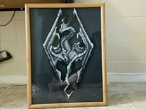 Perler / hama / cross stitch Skyrim Logo. Designed and made by me- kyliedakat :) Skyrim Perler Beads, Skyrim Logo, Video Game Perler, Grid Patterns, Perler Ideas, Beads Patterns, Art Perle, Beads Designs, Hama Beads Patterns