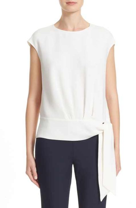 Lafayette 148 New York Seraphina Tie Waist Silk Blouse Collar Blouse Outfit, Áo Blu, Sewing Blouses, Trendy Blouses, Blouse Nordstrom, Collar Blouse, Blouse Patterns, Blouse Styles, White Top