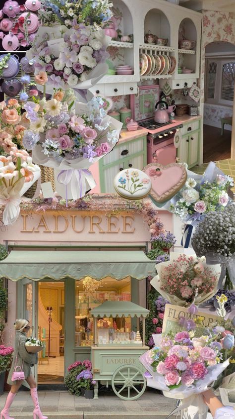 i want to own a flower shop/bakery so bad! #flowershop #flowers #bakery Flower And Bakery Shop, Old Flower Shop, Bakery Flower Shop, Bloxburg Flower Shop, Laduree Aesthetic, Flower Bakery, Floral Bakery, Uni Flat, Modern Oc