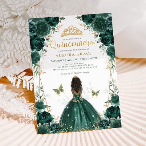 $ 3.08 | Emerald Green Quinceañera Brown Skin Princess - 15th birthday party invite, mis quince anos vestidos, fiesta senorita sweet 16 sixteen, enchanted forest fairy queen, emerald green floral roses, crown royal princess tiara, gold glitter, quinceanera dress ball gown, flower butterflies geometric frame, brown skin curly hair Teenager Party, Invitations Quinceanera, Quinceanera Crown, Princess Invitation, Floral Tiara, Princess Invitations, Emerald Green Dresses, Invitations Diy, Quinceanera Invitations