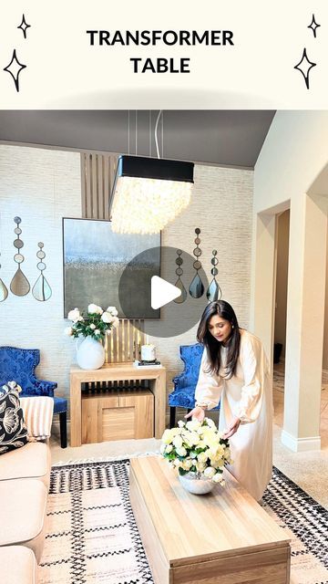 Tahira Nagori | Decor, DIY, Cleaning & Organization on Instagram: "Watch this 18-inch console transform into a 10 feet long banquet table that can sit up-to 12 people 😍😍😍 perfect for multipurpose rooms. I changed this dining room into living room within minutes. 

Let me know in the comments what do you think about this TABLE @transformertable have recently launched a new round transformer table as well make sure you check that out as well ♥️♥️♥️ ‼️ Use code TAHIRA125 to save some 💵💵

I love that there is absolutely no assembly required for dining table and bench. It’s made out of solid wood.  The fact that all the panels can be stored into the bench & coffee table is a game changer. Now I can easily transform the dining room into living room within minutes. 

#transformertable #eatto Sitting Area In Dining Room, Long Banquet Table, Dining Room Living Room Combo, Transformer Table, Dining Table And Bench, Bench Coffee Table, Cleaning Organization, Banquet Table, Multipurpose Room