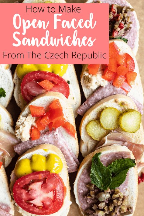 Open Faced Sandwiches, or Obložené Chlebíčky, from the Czech Republic are a popular appetizer. They are piled high with delicious and filling ingredients and are perfect for a 10 minute appetizer or a summer lunch. Open Faced Sandwiches, Czech Food, Best Sandwich Recipes, Easy Sandwich Recipes, Popular Appetizers, Food And Culture, Open Faced Sandwich, Sandwich Ingredients, European Recipes