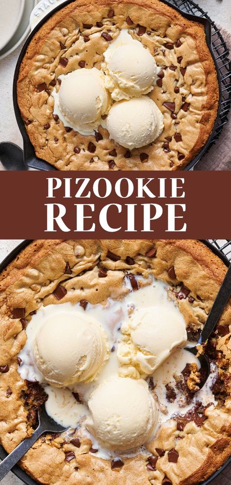 This easy Pizookie recipe is baked in a cast iron skillet to ooey, gooey chocolate chip cookie perfection. Topped with scoops of vanilla ice cream, of course! You'll love how easy it is to make this skillet cookie. #pizookie How To Make Pazookies, Chocolate Chip Pizookie, How To Make A Pazooki, Small Cast Iron Cookie Recipe, Cast Iron Cookie Cake, Panookie Recipe, Bjs Pizookie Recipe, Homemade Pazooki, Pizookie Recipe Easy