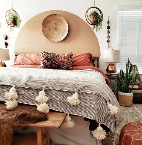 This primary bedroom proves the power of paint—we love the painted arch behind the bed giving it the appearance of a headboard. The tassels add a playful element to the overall design. Arch Behind Bed, Remodel Stairs, Interior Colour, Bohemian Bedroom Decor, Primary Bedroom, Bedroom Color Schemes, Eye Opening, Bedroom Refresh, Bed Wall