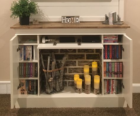 Faux Fireplace With Bookshelves, Fireplace Mantel With Storage, Fake Fireplace With Storage, Faux Fireplace With Storage, Faux Fireplace Storage, Fake Fireplace Bookshelf, Fireplace Storage Ideas, Faux Mantel With Storage, Diy Fake Fireplace