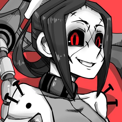 Face Shadow, Black Sclera, Skull Girls, Metal Collar, Limited Palette, Red Theme, Bare Shoulders, Hair Black, Video Game Art