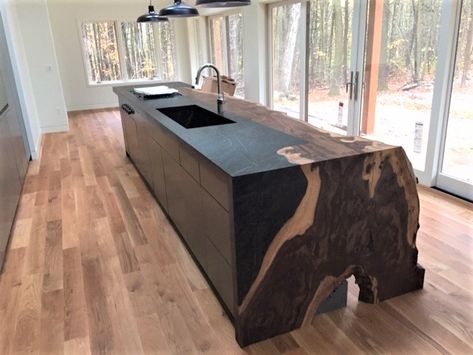 Kitchen Countertops With White Cabinets, Countertops With White Cabinets, Soapstone Kitchen, Wood Bar Top, Gray Island, Stone Counter, Wooden Island, House Elements, Countertop Ideas