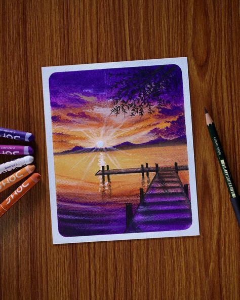 Pastel Painting Aesthetic, Sunset Scenery Drawing, Polaroid Painting, Oil Pastel Crayons, Soft Pastel Painting, Sunset Scenery, Scenery Drawing, Color Pencil Sketch, Soft Pastel Art