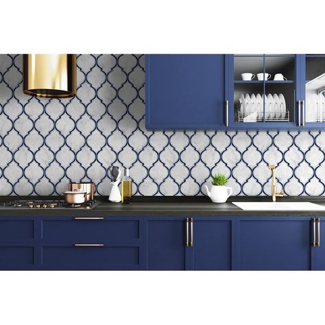 Printed on smooth vinyl, our self-adhesive designs are perfect for renters and homeowners looking for an instant, DIY transformation to their interior space. Kitchen With Blue Cabinets, Ogee Tile, Blue Backsplash Kitchen, Island Makeover, Kitchen Revamp, Tennessee House, Navy Blue Kitchen, Navy Kitchen, Blue Backsplash