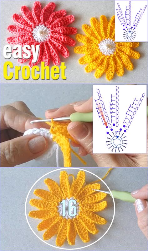 A Daisy Flower, Pola Topi, Crochet Flowers Free Pattern, Yarn Flowers, Crochet Cord, Crochet Earrings Pattern, Crocheted Flowers, Crochet Hair Accessories, Crochet Daisy