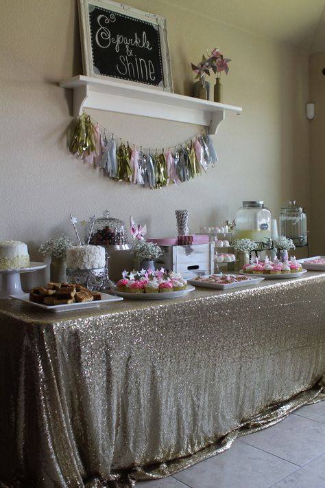 Beautiful Sweets Table at a Sparkle and Shine Party - love fab is that gold sparkly tablecloth?! Glitter First Birthday Party, Sparkle Birthday Party Theme, Sparkle Birthday Party, Dessert Table Birthday, 21st Bday Ideas, Sparkle Birthday, Sparkly Party, Sweets Table, Sparkle Party