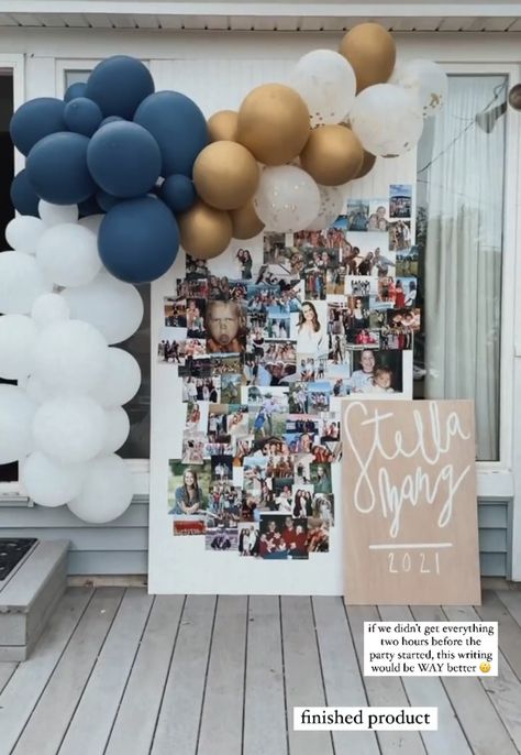 Cheers To The Graduate, Balloon Wall Graduation, Minimal Graduation Party Decor, Senior Backdrop Ideas, Graduation Party Color Ideas, Graduation Picture Wall Ideas, Graduation Party Ideas Minimalist, Graduation Party Pictures Display, Graduation Photo Wall Ideas