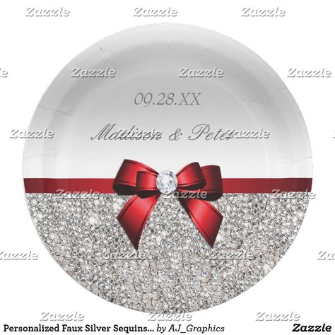 Personalized Faux Silver Sequins Red Bow Wedding Paper Plate White Wedding Bridal Party, Red Silver Wedding, Silver And White Wedding, Wedding Paper Plates, Trendy Wedding Favors, Paper Plates Wedding, Silver Wedding Invitations, Bow Wedding, Glitter Wedding Invitations