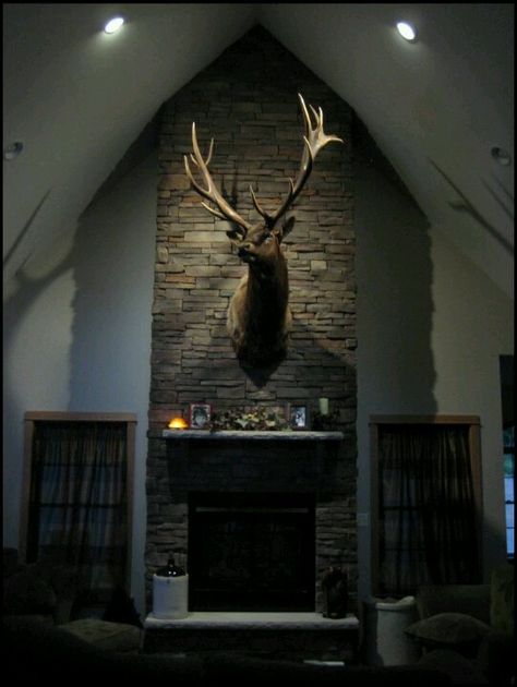 His wall art #choiceisyours /Deers head #Taxidermy Elk Head Mounts Living Rooms, Taxidermy Decor, House Bedroom Ideas, Cabin Wall Decor, Rustic Living Room Furniture, Deer Mounts, Forest Cottage, Mounted Fireplace, Hunting Decor