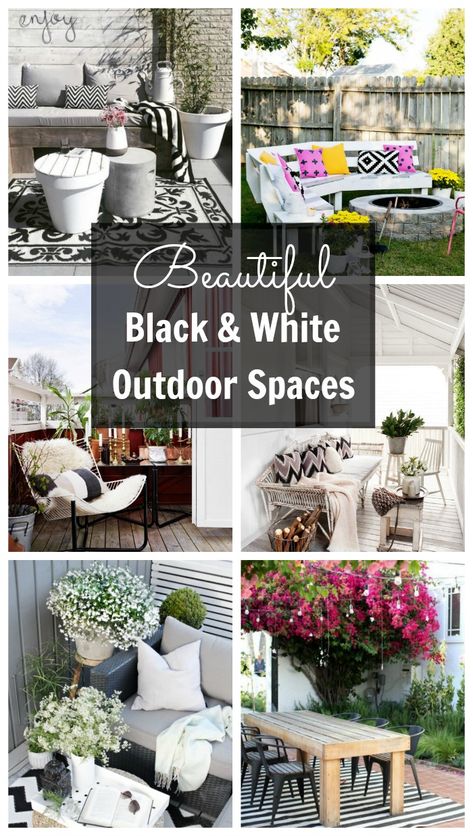 Friday Faves: Beautiful Black and White Outdoor Spaces - A Pretty Fix Patio Decor Black And White, Black And White Deck Ideas, Black And White Outdoor Patio Ideas, Black And White Front Porch Ideas, Black And White Front Porch Decor, Black And White Patio Ideas, White Outdoor Table, Small Porch Decorating, Porch Inspiration