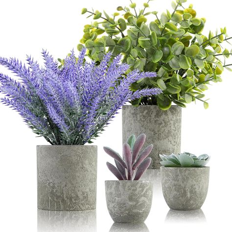 ALAGIRLS Small Fake Plants Set of 4 - Faux Lavender Flowers Artificial Eucalyptus Plants Mini Succulents for Home Decor Indoor, Potted Faux Plants for Desk Office Bathroom Shelf Decoration - Lavender Plants For Home Decor, Potted Lavender, Live House Plants, Plants For Home, Live House, Artificial Plants Indoor, Fake Plants Decor, Fake Succulents, Succulents Plants