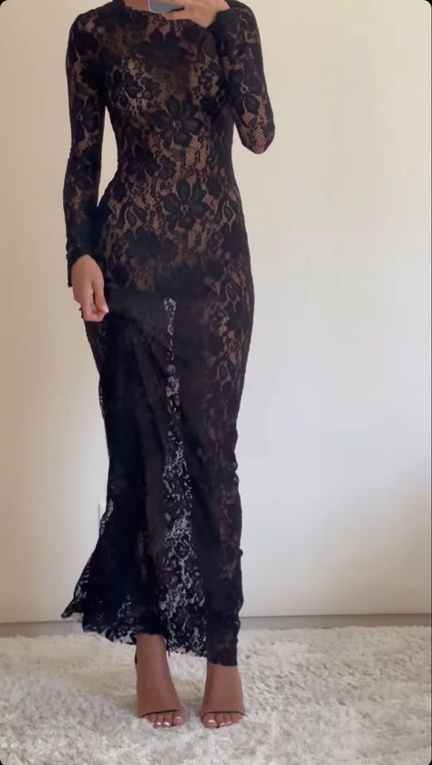 Sheer Lace Dress Long Sleeve, Lake Wedding Dress Guest, Carnegie Hall Outfit, Black Lace Dress Aesthetic, Italian Mob Wife Aesthetic, Sheer Lace Dress, Mode Inspo, Glam Dresses, Fashion Killa