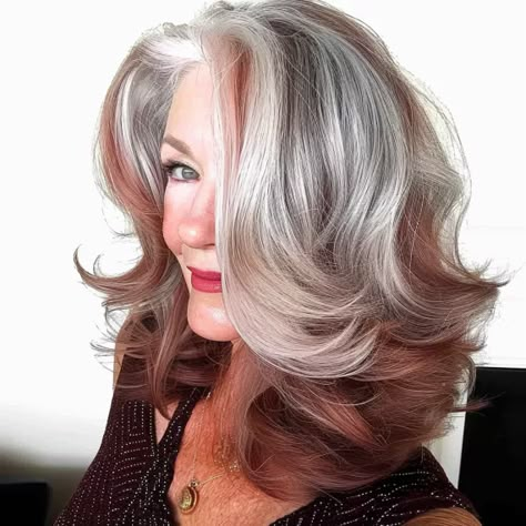 25 Best Hair Colors for Gray Hair, According to Experts Silver With Blonde Highlights, Auburn Hair With Gray Highlights, Gray Hair With Copper Highlights, Asian Grey Hair Balayage, Gray Hair With Red Lowlights, Highlights To Blend Gray Hair Auburn, From Red To Grey Hair, Blending Gray Hair With Auburn, Red Hair With Gray Highlights