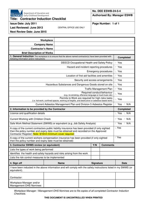 Contractor Induction Checklist - How to draft a Contractor Induction Checklist? Download this Contractor Induction Checklist template now! General Contractor Checklist, Training Template, Information Template, Mickey Mouse Coloring Pages, Chemical Equation, Thanksgiving Coloring Pages, Resignation Letter, Business Operations, Checklist Template