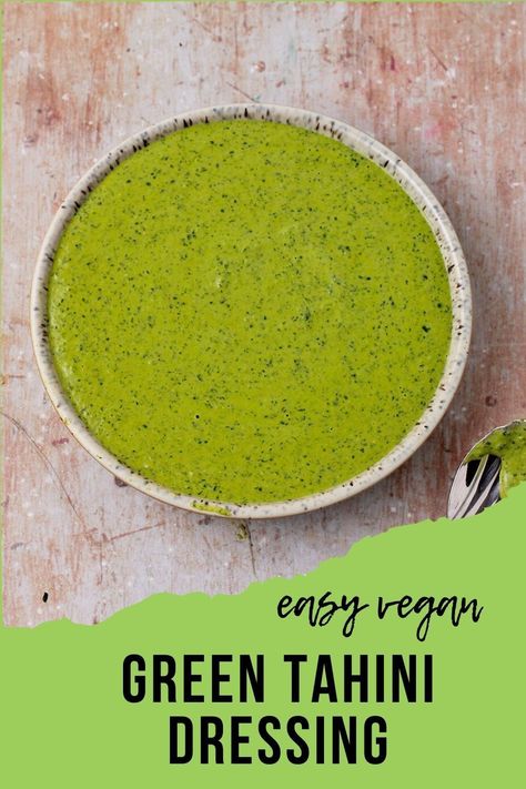 The fresh herby flavor of this easy vegan green tahini sauce is an absolute winner! Made with no added oil, this recipe takes 15 minutes to make and is great with roasted cauliflower and veggies, grain bowls, pita pockets, and as the best green tahini salad dressing or a dip. You’ll love this recipe! Vegan Pizza Dough Recipe, Green Tahini Sauce, Tahini Salad, Vegan Pizza Dough, Green Tahini, Tahini Salad Dressing, Shawarma Spices, Best Vegan Cheese, Spreads Recipes