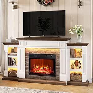 70" Electric Fireplace with Mantel and Cabinets, Fireplace TV Stand for Living Room Bedroom, LED Light, Stacked Stone Surround and Remote Control 3D Realistic Flame Fake Fireplace Entertainment Center, Electric Fireplace Mantle Ideas, Electric Fireplace With Shelves, Cabinets Fireplace, Electric Fireplace Mantel, Tv Stand With Electric Fireplace, Electric Fireplace With Mantel, Electric Fireplace Mantle, Fake Fireplace