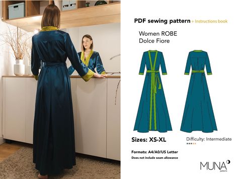 Robe Pattern Dolce Fiore , Sizes XS XL, Formats A4 US Letter A0, Peignoir Pattern, Woman Night Dress Pattern, Negligee Pattern Pdf - Etsy Janome Embroidery Machine, Women Robe, Fabric Inspiration, Women's Robe, Straight Stitch, Vintage Lingerie, Pdf Sewing Patterns, Sewing Dresses, Dress Pattern