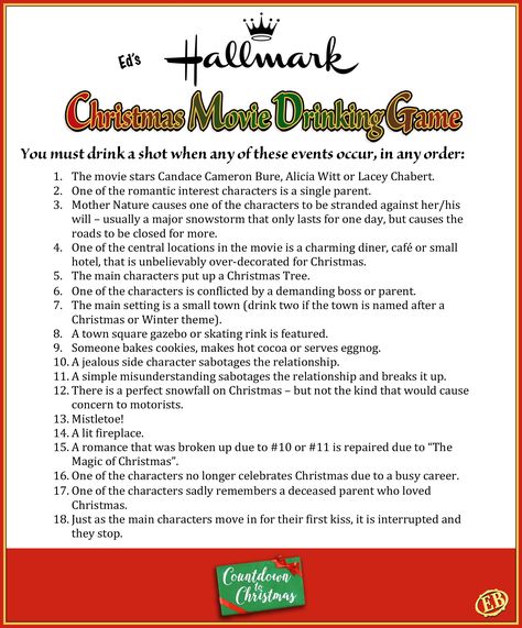 Drinking game I created to accompany Hallmark Christmas Movies. Spread some Christmas Cheer and share this!  #Hallmark #Christmas #Movies #HallmarkChristmas Hallmark Christmas Movie Drinking Game, Christmas Movie Quotes Game, Christmas Movies Marathon, Hallmark Christmas Movie Bingo, Movie Drinking Games, Holiday Drinks Alcohol Christmas, This Is My Hallmark Christmas Movie Mug, Hallmark Channel Christmas Movies, Holiday Drinks Alcohol