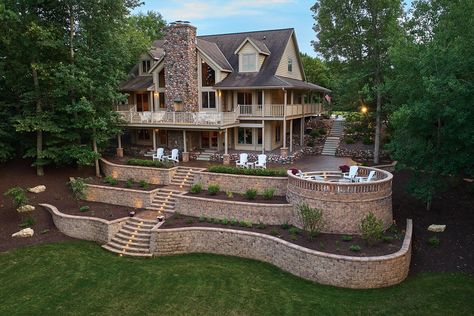 Backyard Ideas For Sloped Yards, Landscaping A Steep Hill, Pretty Decks Outdoor Living, Tiered Backyard Ideas, House On Hill Landscaping, Slopped Landscape Ideas Backyard, Backyards With Hills Sloped Yard, Tiered Backyard Ideas Sloped Yard, Tiered Retaining Wall Ideas Hillside