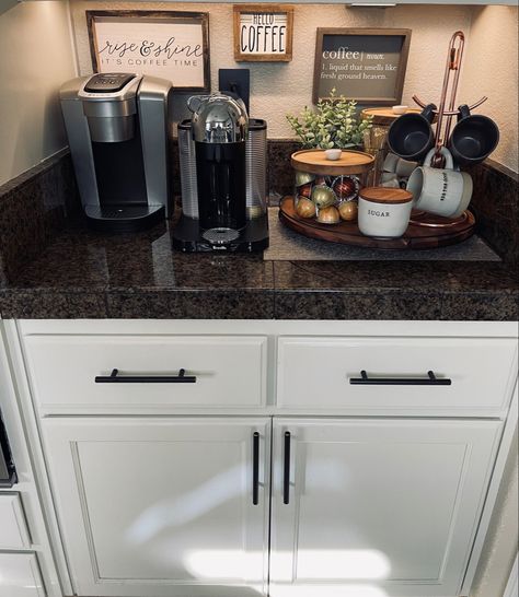 Coffee Machine Set Up In Kitchen, 2 Coffee Machines On Counter, Coffee Pot On Counter Ideas Kitchen, Coffee Bar Under Cabinet, Small Area Coffee Bar Ideas, Under Cabinet Coffee Bar Ideas, Coffee Area In Kitchen Countertops, Coffee Set Up On Kitchen Counter, Counter Top Coffee Bar