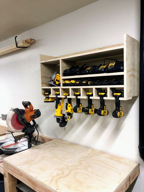 Made this charging & storage station for lineup of DeWalt 20v cordless tools. All tools & batteries are quick grab accessible now. Plenty of expansion room to customize as new tools are acquired. Battery Powered Tool Storage, Battery Tools Storage, Dewalt Storage Ideas, Dewalt Charging Station Ideas, Dewalt Battery Charging Station, Power Tool Battery Storage, Diy Battery Charging Station, Dewalt Battery Storage, Tool Charging Station Diy