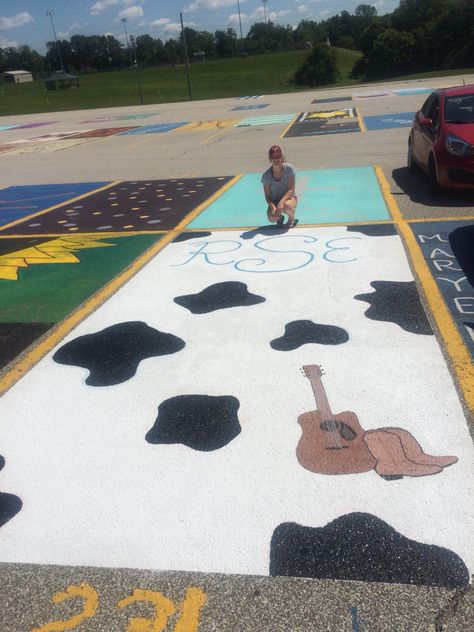 My parking spot❤️ cowboy boots, guitar, cow print, monogram Cow Parking Spot Painting, Morgan Wallen Parking Spot Painting, Painted Parking Spots Senior Western, Cow Senior Parking Spot, Western Parking Spots, Parking Spot Painting Country, Cow Print Parking Spot, Senior Parking Space Ideas Country, Four Years Later Spongebob