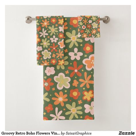 Green Bath Towels, Green Towels, Groovy Retro, Custom Towel, Boho Flowers, Flowers Vintage, Baby Crafts, Bath Towel Sets, Bed Room