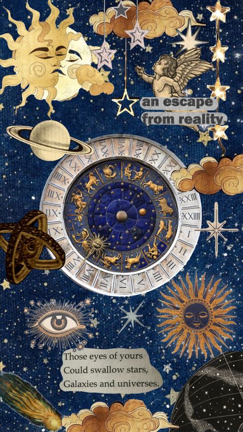 Created by rufoella6 on Shuffles Stars Collage, Seni Vintage, Desain Quilling, Creation Art, Witchy Wallpaper, Sun Moon Stars, Celestial Art, Pop Art Wallpaper, Hippie Wallpaper