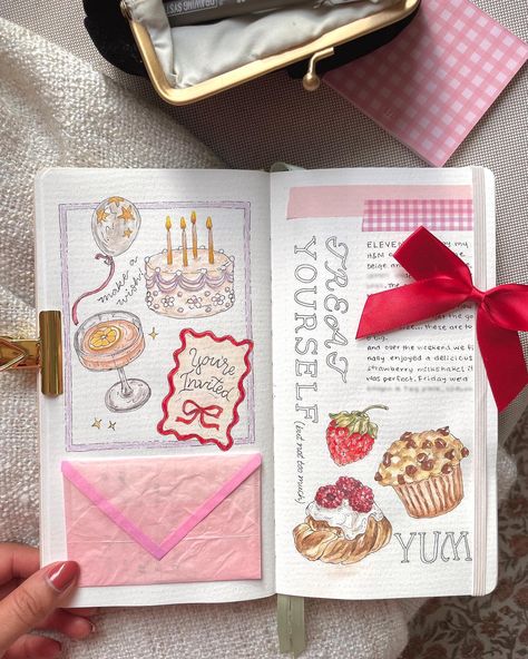 Just some illustrations…🍰🍩What’s your favorite pastry or desert?🥐🧁 I felt like drawing some tasty sweets on these pages and a strawberry because they go perfectly with pastries!🍓🥰 . . . . #bujo #bulletjournal #bujospread #journalspread #journalcommunity #journaladdict #artjournalpage #sketchbooktour #sketchbookpage #watercolorjournal #artjournal #illustratedjournal #gouachepainting #gouacheillustration #creativejournal What To Put In Your Journal Ideas, Things I Like, Birthday Journal Page, Drawing Ideas Journal, Drawing Journal Ideas, Planner Illustrations, Journal Ideas Scrapbook, Journaling Drawings, Journal Drawing Ideas