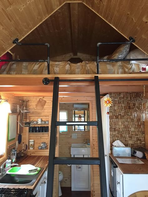 Tiny House - Ladder to loft moves slides out of the way Small Loft Ladder Ideas, Tiny House Loft Stairs Ideas, Shed Loft Stairs, Sliding Loft Ladder, Tiny House Loft Railing Ideas, Shed Loft Ladder Ideas, Retractable Loft Ladder Ideas, Loft Ladder Ideas Space Saving, Tiny Cabin Loft