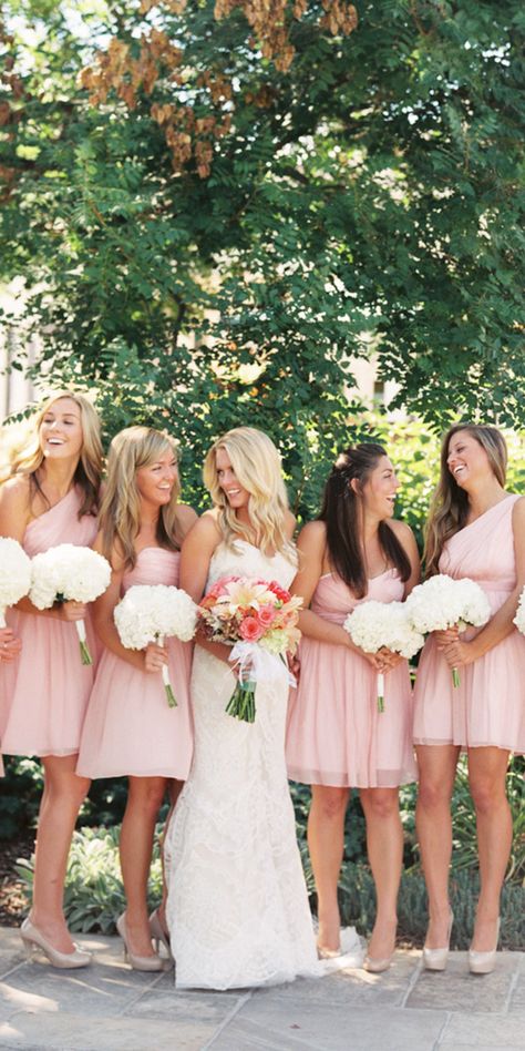 Popular Bridesmaid Dresses, Blush Bridesmaids, Blush Bridesmaid Dresses, Blush Bride, Pink Bridesmaid Dresses, Pink Dresses, Bridesmaids And Groomsmen, Mod Wedding, Short Bridesmaid Dresses