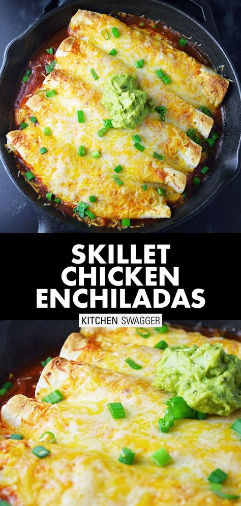 Spicy chicken enchiladas made in a cast iron skillet with seasoned chicken, black beans, chopped green chilies, green onions, and a Mexican blend of cheese. #enchiladas #mexicanrecipes #chickenenchiladas Cast Iron Recipes Dinner, Cast Iron Skillet Recipes Dinner, Easy Chicken Enchilada Recipe, Electric Skillet Recipes, Cast Iron Skillet Cooking, Cast Iron Chicken, Chicken Enchiladas Recipe, Iron Skillet Recipes, Enchiladas Recipe