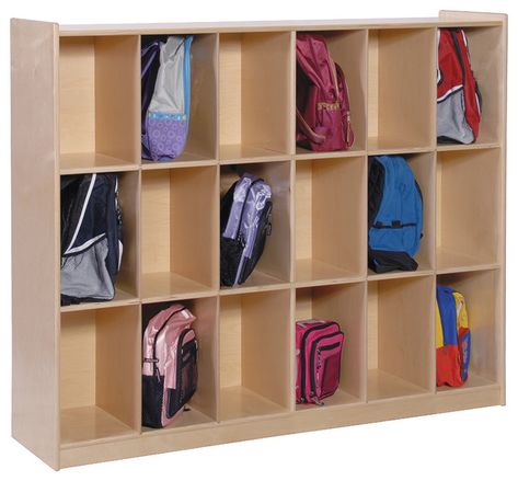 Mudroom Backpack organizer. Backpack Storage Classroom, School Backpack Storage, Plastic Shelving Units, Storage Cubby, Gym Floor, Bag Rack, Bookshelf Organization, Birch Veneer, Classroom Storage