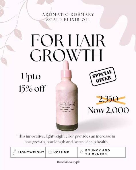 🌿 BIG SALE ALERT 🌿 Say hello to healthier, fuller hair with our Aromatic Rosemary Scalp Elixir Oil, now at 15% OFF! 🌟 Packed with powerful rosemary extracts to stimulate growth and nourish your scalp, this is your secret to strong, beautiful hair. 💆‍♀️✨ But hurry—this offer ends on 12th October! Don’t miss out on your chance to transform your hair care routine at a special price! 💖 ✉️ Shop now and grab yours before it's gone! [Rosellabeautypk, Haircare sale, Healthy hair, Haircare sale,... Scalp Oil, Scalp Health, Fuller Hair, 15 % Off, Hair Growth Oil, Hair Care Routine, Special Price, Big Sale, Care Routine