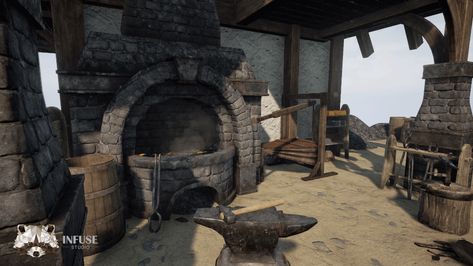 Blacksmith Forge by Infuse Studio in ... Minecraft Blacksmith, Water Barrel, Blacksmith Forge, Stone Stairs, Modular Building, Iron Steel, Wood Beams, Bellows, Hammers