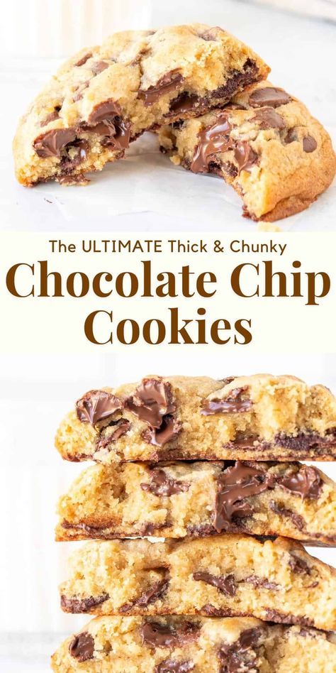 If you're looking for extra chunky cookies - then try this easy recipe for thick chocolate chip cookies. These cookies are slightly crispy on the outside and gooey in the middle with tons of chocolate chips. #chocolatechipcookies #thickchocolatechipcookies #cookierecipe #gooeychocolatechipcookies #bakerychocolatechipcookies from Just So Tasty Chunky Cookie Recipe, Thick Chocolate Chip Cookies, Chunky Cookies, Chunky Chocolate Chip Cookies, Bakery Chocolate Chip Cookies, Gooey Chocolate Chip Cookies, Simple Family Meals, Quick Cake, Choc Chip Cookies