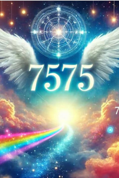 Angel number 7575 with wings, a celestial backdrop, and a vibrant rainbow path. Ladybug Meaning, A Sign From The Universe, Sign From The Universe, Message From The Universe, Angel Number Meaning, Angel Guide, Signs From The Universe, Angel Number Meanings, Your Guardian Angel