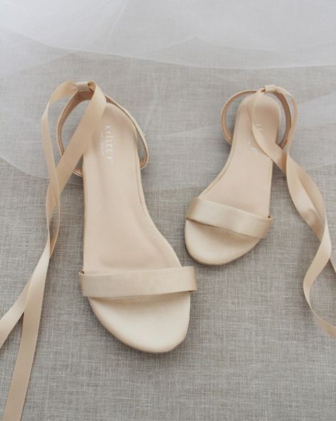 Champagne Satin Flat Sandal With Ballerina Lace Up Bridesmaid | Etsy Prom Flats, Bridesmaid Shoes Flat, Bridesmaid Flats, Flat Sandals Wedding, Kids Heels, Shoes Fall, Nude Flats, Bridal Shoes Flats, Wedding Shoes Flats