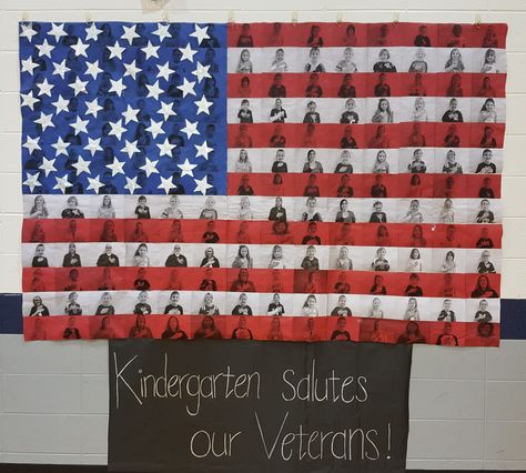 Flag banner I made for Veteran's Day Kindergarten Veterans Day Hallway Decorations, Veterans Day Banner For School, Veterans Day Decorations School, Veterans Day Program Ideas, Inquiry Kindergarten, Veterans Day Bulletin Board, Veterans Day Banner, Veterans Day Decorations, Veterans Day Photos