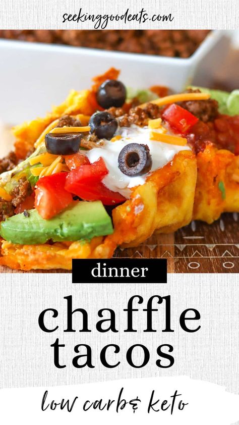 You'll love this chaffle tacos recipe! First, the cheesy waffle is used as a tasty low carb keto taco shell replacement. Then, our homemade taco meat is made with healthy taco seasoning. Top it off with your favorite taco toppings and you've got a family-friendly dinner recipe everyone in your house will ❤️! Healthy Taco Seasoning, Keto Taco Shells, Waffle Iron Recipes, Keto Gluten Free, Recipe Low Carb, Taco Seasoning Packet, Taco Shells, Taco Recipe, Keto Taco