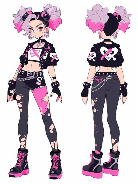 Punk Style Drawing, Goth Outfit Female, Pastel Punk Art, Pastel Goth Character Design, Pink Punk Aesthetic Outfits, Punk Anime Female, Punk Outfit Drawing, Oc Outfit Ideas Female, Pastel Character Design