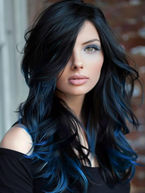 Blue And Black Highlights, Black And Dark Blue Hair, Blue Curls, Black And Blue Hair, Blue And Black Hair, Black Hair With Blue Highlights, Blonde And Blue Hair, Blue Hair Highlights, Exotic Hair Color