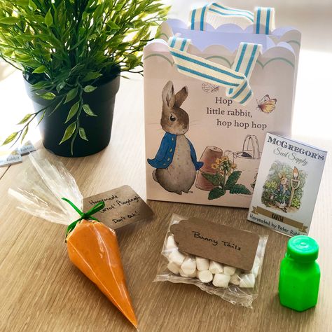 Peter Rabbit Party bags Peter Rabbit Goodie Bags, Peter Rabbit Party Favors, Peter Rabbit Theme Party, Baby Shower Return Gifts, Forest Birthday Party, Peter Rabbit Birthday, Peter Rabbit Party, Angel Theme, Forest Birthday