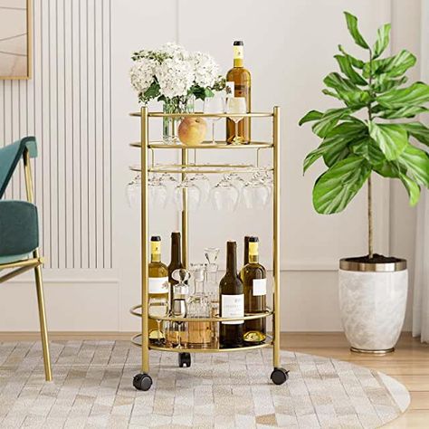 Round Bar Cart, Mirrored Shelves, Wine Cart, Bar Serving Cart, Gold Bar Cart, Drink Cart, Kitchen Glass, Serving Cart, Home Bar Furniture