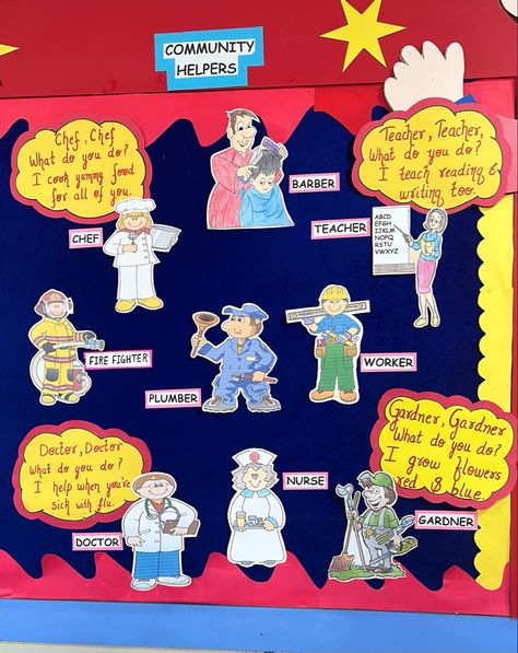 Community Helpers Board Ideas, Chart Presentation Ideas For School, Community Helpers Theme Board, Community Helpers Classroom Decor, Community Helpers Decorations, Community Helper Bulletin Board Ideas, Community Helpers Chart, Community Helpers Project, Community Helpers Pictures